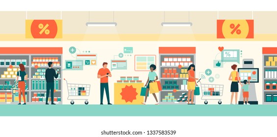 People doing grocery shopping at the supermarket, they are buying products using AR apps on their smartphones and tablets, retail and augmented reality concept