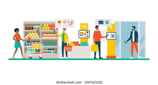 People doing grocery shopping at the supermarket and buying products, they are checking offers using augmented reality apps on their phones and paying with mobile payment