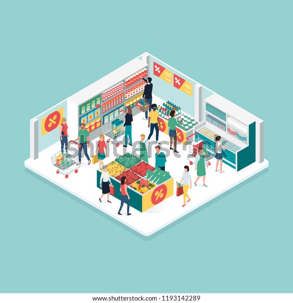 People Doing Grocery Shopping Supermarket Isometric Stock Vector ...