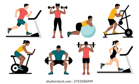 People doing gym workout exercise set fitness training activities treadmill cycling weightlifting strength training vector illustration