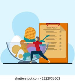 personas que hacen gimnasia y establecen un plan de dieta saludable, plan de dieta del programa de pérdida de peso Plan su concepto de nutrición saludable, infografía alimentaria. ilustración vectorial plana.