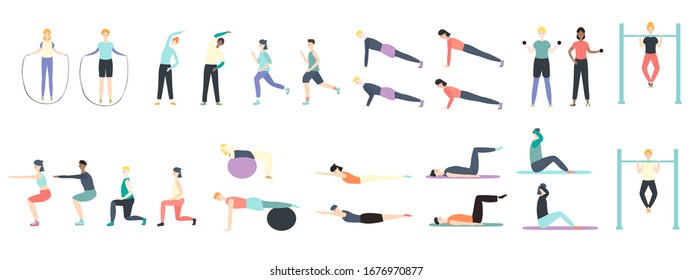 People doing health kinds of fitness exercises in vector sport healthy illustration isolated on white. Training in gym, cardio, yoga, treadmill, body lifting, more using machines. Healthy lifestyle.