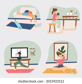 People are doing home workouts watching workout videos. flat design style minimal vector illustration.