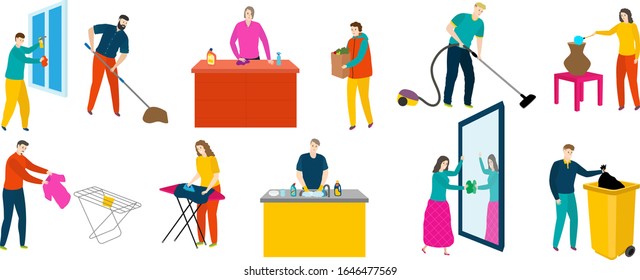 People doing house work, set of isolated cartoon characters, household chores, vector illustration. Men and women cleaning apartment, washing dishes and dusting furniture. Domestic housework routine