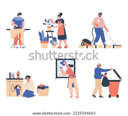 People doing household chores - set of flat vector illustrations isolated on white background. Man ironing clothes, vacuuming carpet and taking out garbage bags. Woman watering plants, washing mirror.