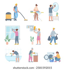 People doing housework. Cleaning Home charaters. Washing Dishes, clothes, mirror, bath and window, throwing out trash, Vacuuming and ironing. Vector illustrations on white background.