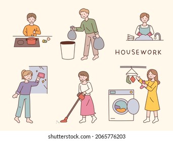 people doing housework. flat design style vector illustration.