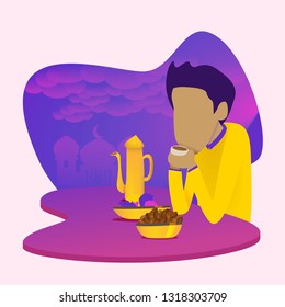 people doing iftar in glowing flat illustration