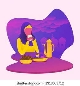people doing iftar in glowing flat illustration
