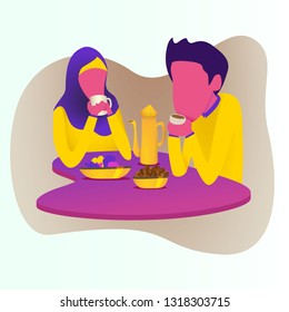 people doing iftar in glowing flat illustration