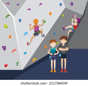 People doing indoor rock climbing at the gym illustration