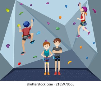 People doing indoor rock climbing at the gym illustration