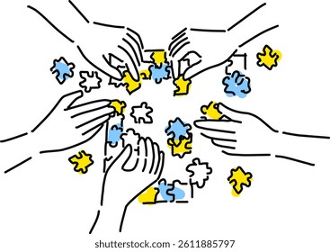 People doing jigsaw puzzles, business problem solving image hand drawing vector illustration