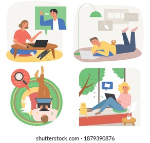 People are doing laptops in various poses. A woman sitting at a table and making a video call. A man lying on the floor and surfing the web, a woman sitting by the window, and a man sitting on a rug.