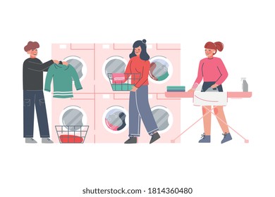 Lavandería en lavandería pública, lavado, secado y planchado de ropa de estilo plano Ironing Ilustración vectorial