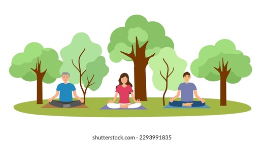 Gente haciendo meditación en una ilustración vectorial de un parque.