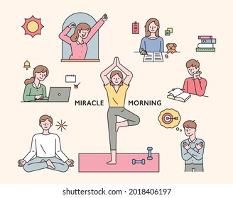 People doing morning routine for self-improvement. outline simple vector illustration.