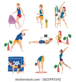 People Doing Morning Workout Indoor Set, Physical Activity and Healthy Lifestyle Concept, Stay Home, Keep Fit and Positive Cartoon Style Vector Illustration