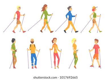 People Doing Nordic Walk Outdoors Set Of Illustrations