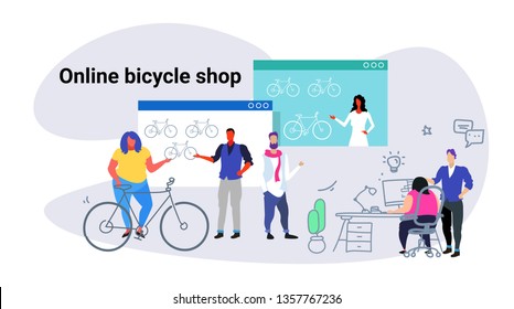 people doing online shopping bicycle web shop concept men women choosing new bike using computer application e-commerce sketch doodle horizontal