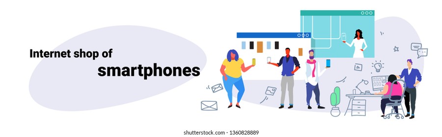 people doing online shopping electronic cell phone store concept men women choosing new smartphones using computer application e-commerce sketch doodle horizontal