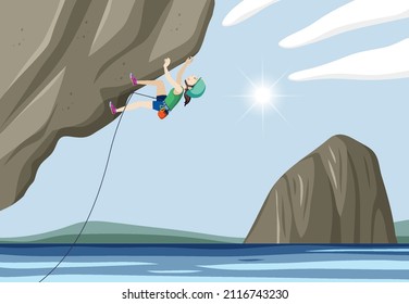 People doing outdoor rock climbing with beautiful view illustration