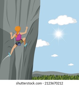 People doing outdoor rock climbing with beautiful view illustration
