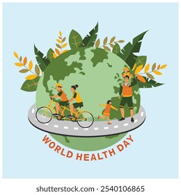 Personas haciendo ejercicio físico contra el fondo de la tierra. Concepto del Día Mundial de la Salud. Ilustración vectorial plana.