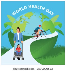 People doing physical exercise on earth background. Live a healthy lifestyle. World Health Day concept. Flat vector illustration.