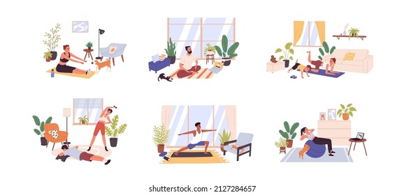 People doing physical exercises at home set. Sports workout. Healthy men, women training, practicing yoga, pilates and fitness indoors. Flat graphic vector illustrations isolated on white background