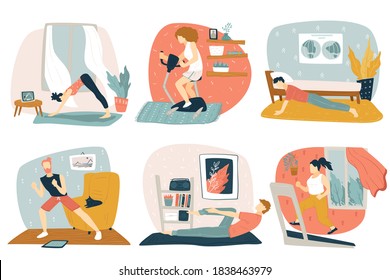 People doing physical exercises and sports at home, characters keeping fit during quarantine. Weight loss and healthy lifestyle. Running and push ups, stretching and plank. Vector in flat style