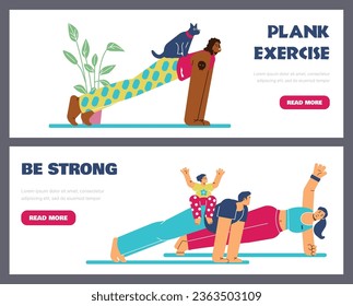 People doing plank exercise at home, web banners set, flat vector illustration. Happy black woman working out with her dog. Family with child holding full and side plank.