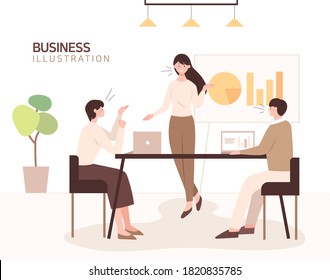 People doing presentation meetings. The woman is making a presentation and the people are discussing.