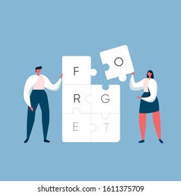 People doing puzzles but letters disappear like memories. Forget inscription. Alzheimer's, parkinson's disease. Flat vector illustration.