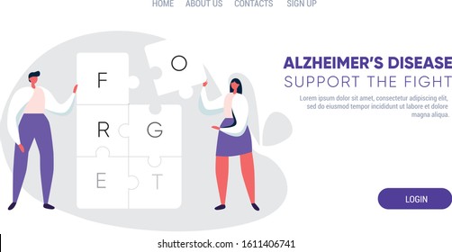 People doing puzzles but some letters are missed like memories. Template for websit, landing page, awareness campaign. Alzheimer's, parkinson's disease. Flat vector illustration