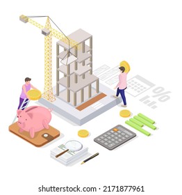 People Doing Real Estate Investment 3d Vector. House Mortgage Calculation, Residential Budget, Money Savings For Home Refinance. Man Calculating Profit, Cost And Expenses Isometric Illustration