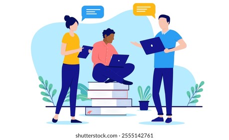 People doing research - Team of three casual businesspeople working together looking for information and discussing together with speech bubbles. Flat design vector illustration on white background