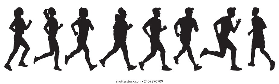 People doing running exercises are isolated on a white background. jogging exercise silhouette set. man and woman silhouettes.