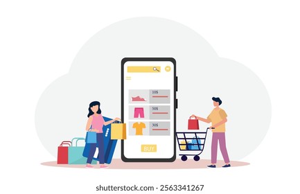 People doing shopping and buying clothes from online clothing store through smartphone and credit card. online store sale shopping concept.