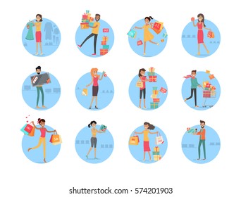 People doing shopping and buying things on sales set. Vector poster of round blue objects with people who bought presents in boxes, green dress, microwave oven, azure scales and other elements