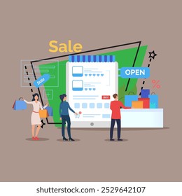 People doing shopping online on sale vector illustration. Characters carrying shopping bags, using tablet. E-commerce, shopping, special offer concept can be used for banner or poster design
