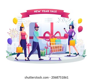 People doing shopping in order to celebrate the new year. New Year Shopping, Sale, and discount concept design. Flat vector illustration