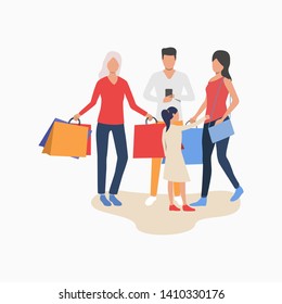 People doing shopping. Parents, kid women and man holding bags and using phone. Leisure concept. Vector illustration can be used for topics like shopping mall, weekend, family