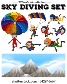 People Doing Sky Diving And Mountain Scene Illustration