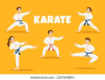 People Doing Some Basic Karate Martial Arts Moves, Fighting Pose and Wearing Kimono in Cartoon Hand Drawn for Landing Page Templates Illustration