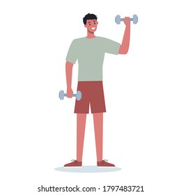 People doing sport. Different sport activity. Young adult doing sport. Man doing exercise in gym. Isolated vector illustration in cartoon style