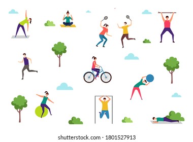 People doing sport exercises. Outdoor activities, woman man training in park. Yoga fitness stretching vector illustration