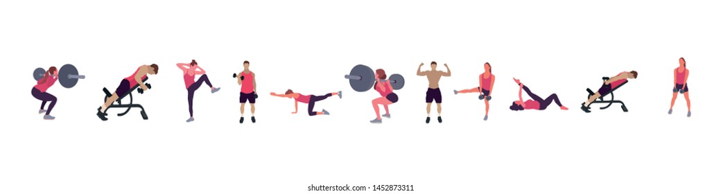 People doing sport exercises vector illustration set. Cartoon flat man woman sportsman characters training, cycling. Sport activity isolated on white.People doing sport exercises vector illustration s