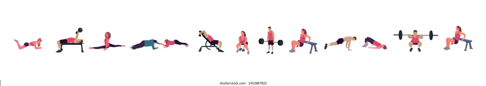 People doing sport exercises vector illustration set. Cartoon flat man woman sportsman characters training, cycling. Active athletes play soccer, tennis or basketball. Sport activity isolated on white