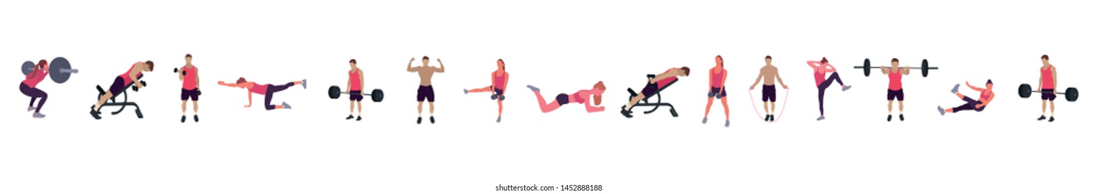 People doing sport exercises vector illustration set. Cartoon flat man woman sportsman characters training, cycling. Active athletes play soccer, tennis or basketball. Sport activity isolated on white